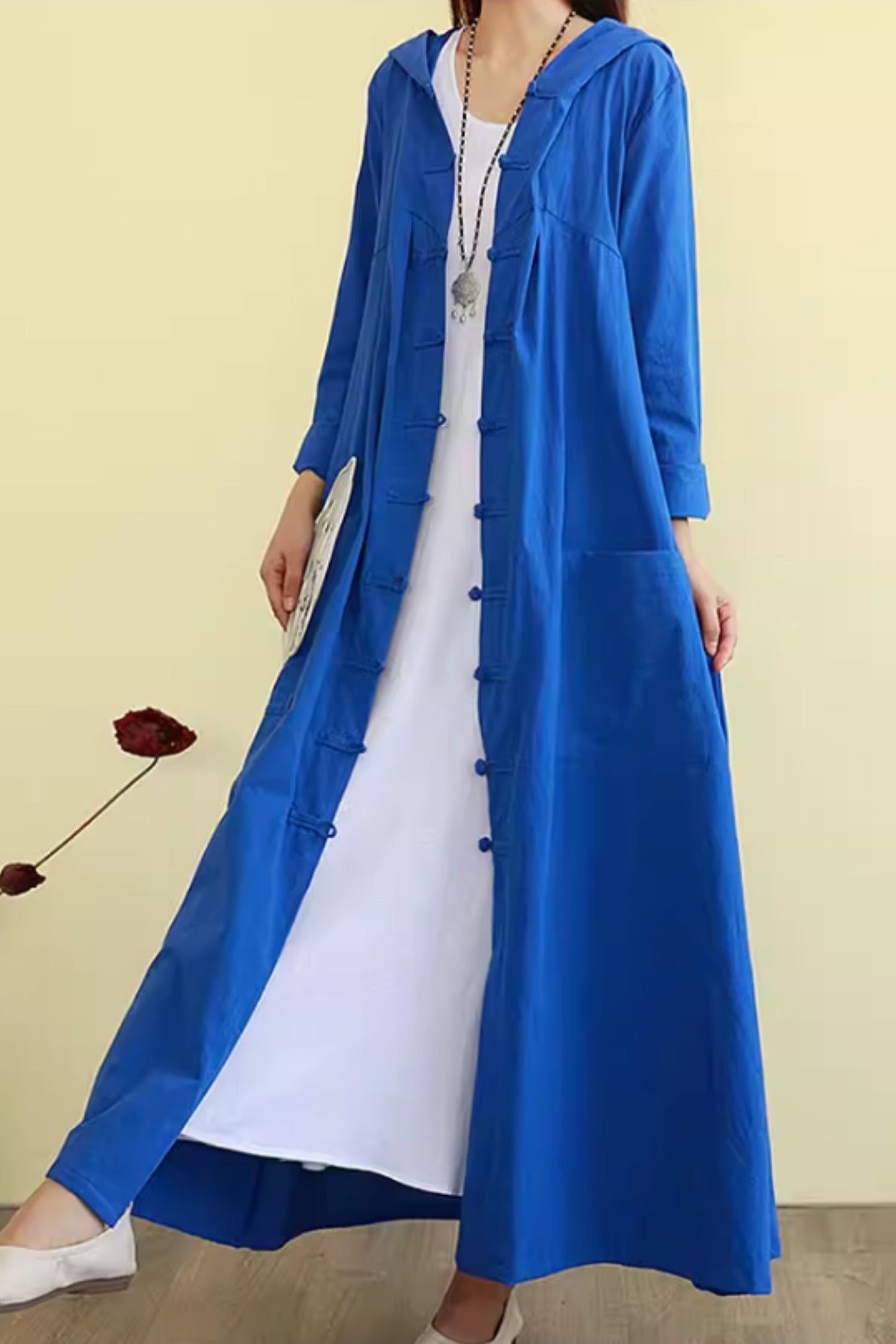 Hooded long linen shirt dress women C5430