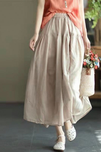 White Cotton Linen Swing Skirt - Elastic Waist, Lined TT0049