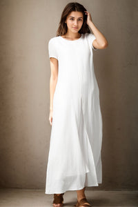 Short sleeve White maxi linen dress for women C4140