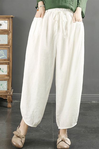 Beige Linen Harem Pants - Elastic Waist Tie Detail C3894