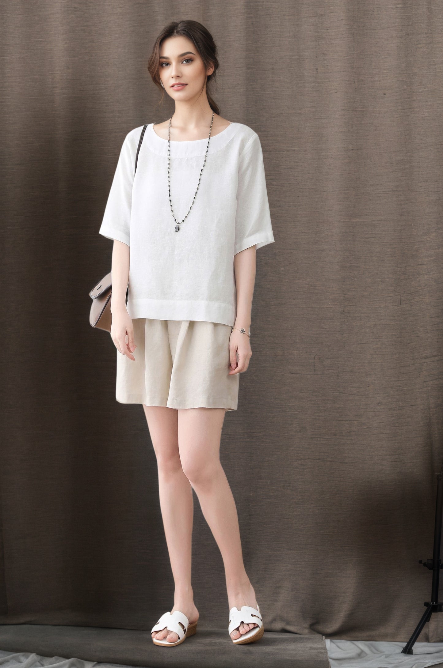 White Short sleeve summer linen blouse C4849