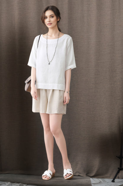 White Short sleeve summer linen blouse C4849