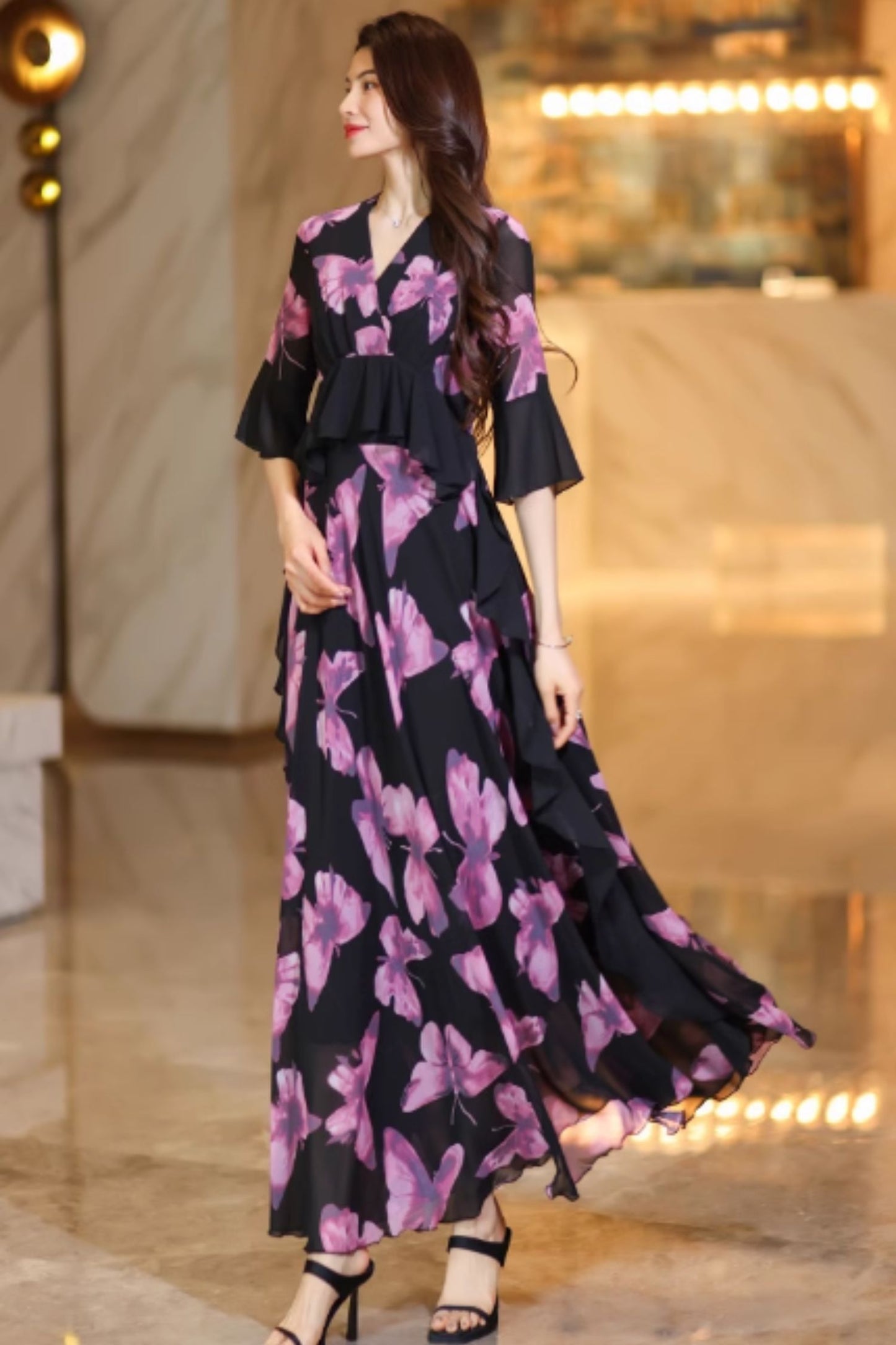 Swing prom summer chiffon dress with ruffle C4925
