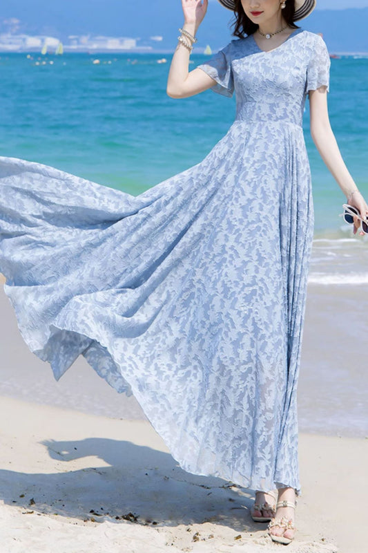 Summer blue chiffon floral dress C4112