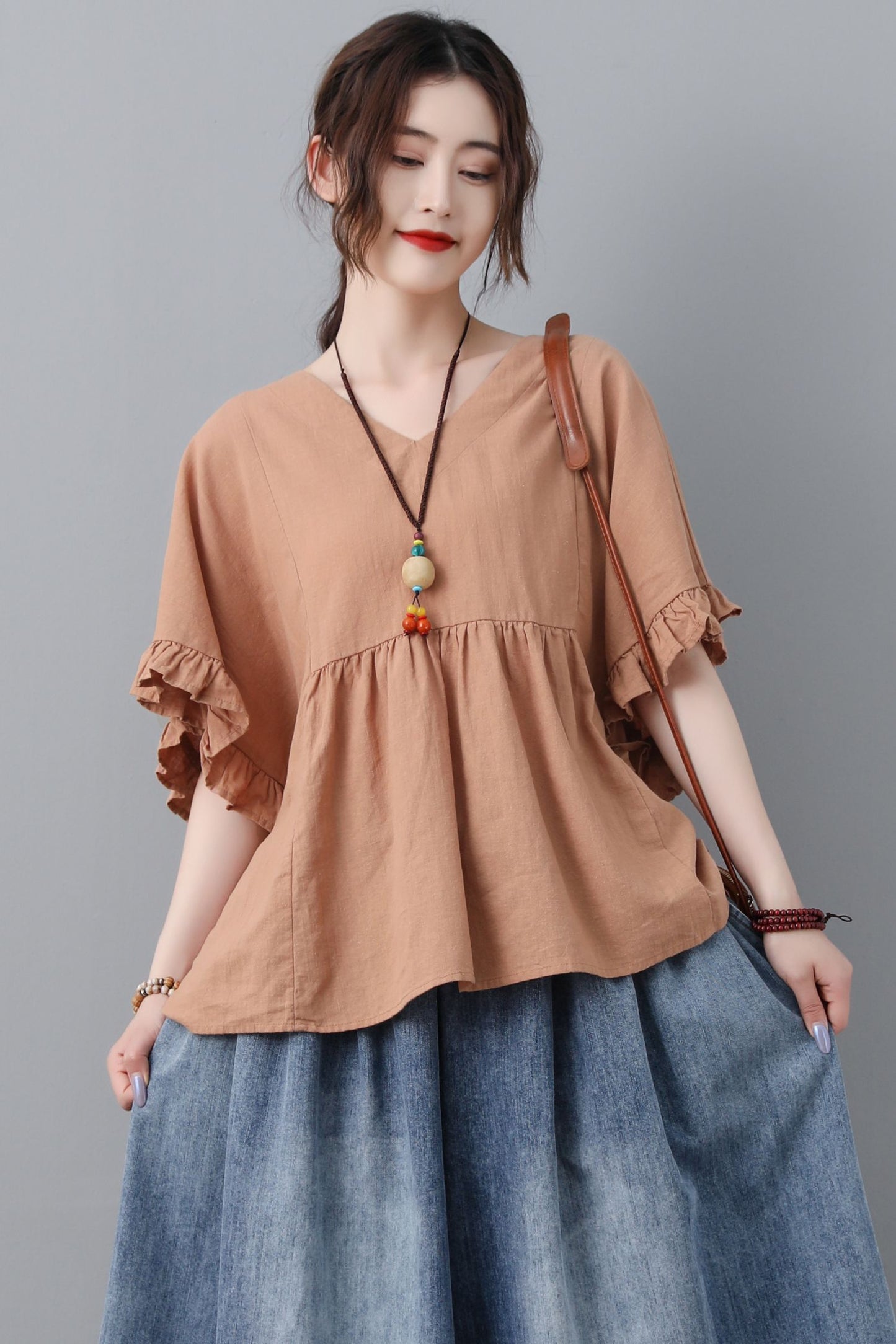Loose fitting summer linen blouse with ruffle details C2303