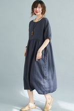 Load image into Gallery viewer, Natural Half Sleeve Linen Midi Dress in Navy C2113
