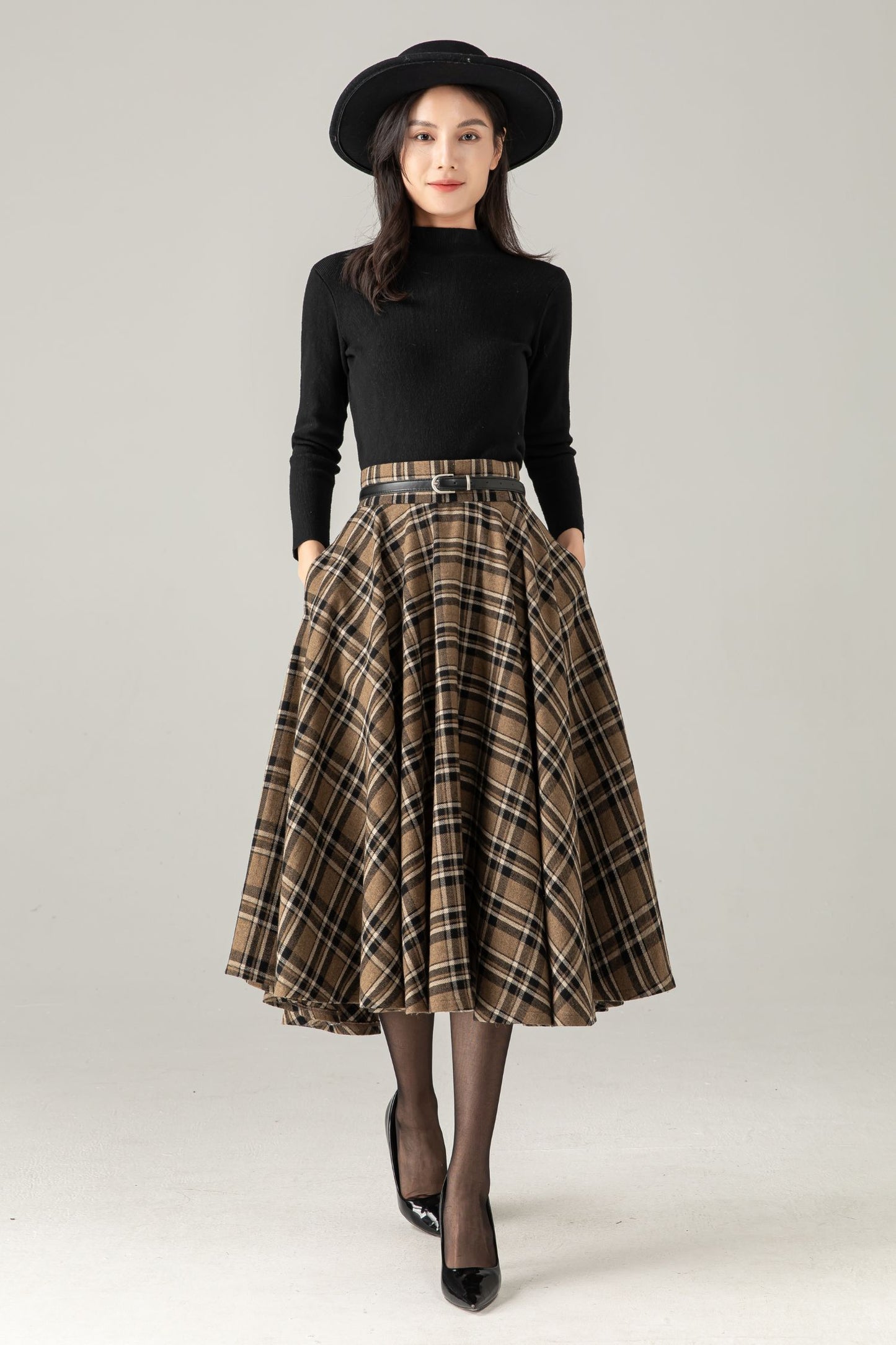 Wool Blend Plaid Midi Skirt : High Waist Swing Circle Skirt, Ylistyle C5375