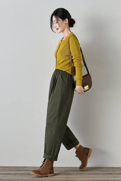 Elastic waist loose fitting cotton pants women C4701