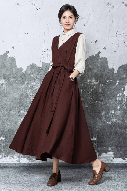 Brown Linen Maxi Dress - Sleeveless V-Neck with Tie Waist c5478
