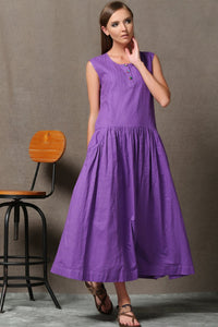 Purple Linen Dress - Loose-Fitting Fit and Flare Sleeveless Womens Dress with Pockets C541