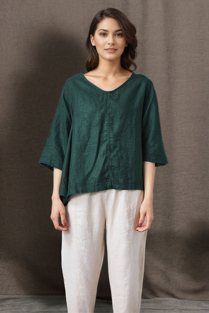 Women's Casual Green Linen Tops C4858
