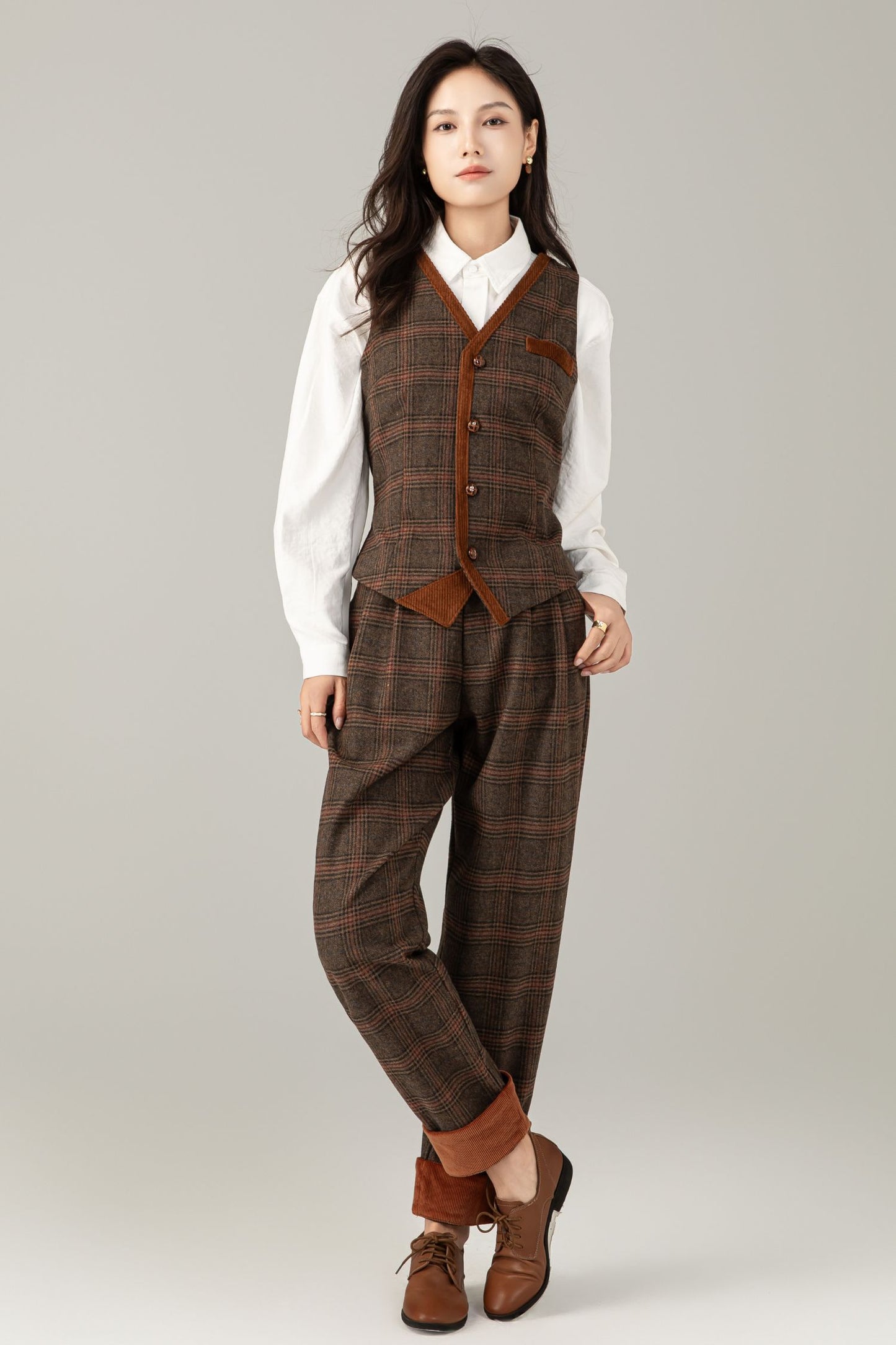 Brown Plaid Wool Suit Set, Wool vest and Wool pants C5248