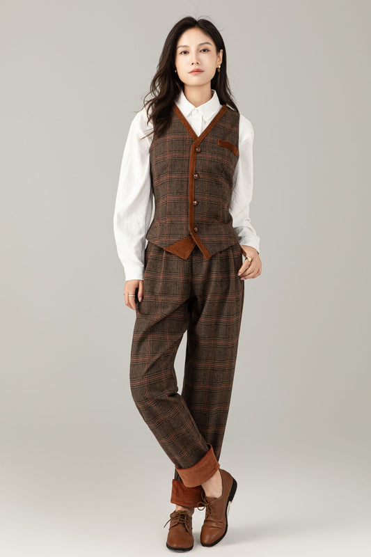 Brown Plaid Wool Suit Set, Wool vest and Wool pants C5248