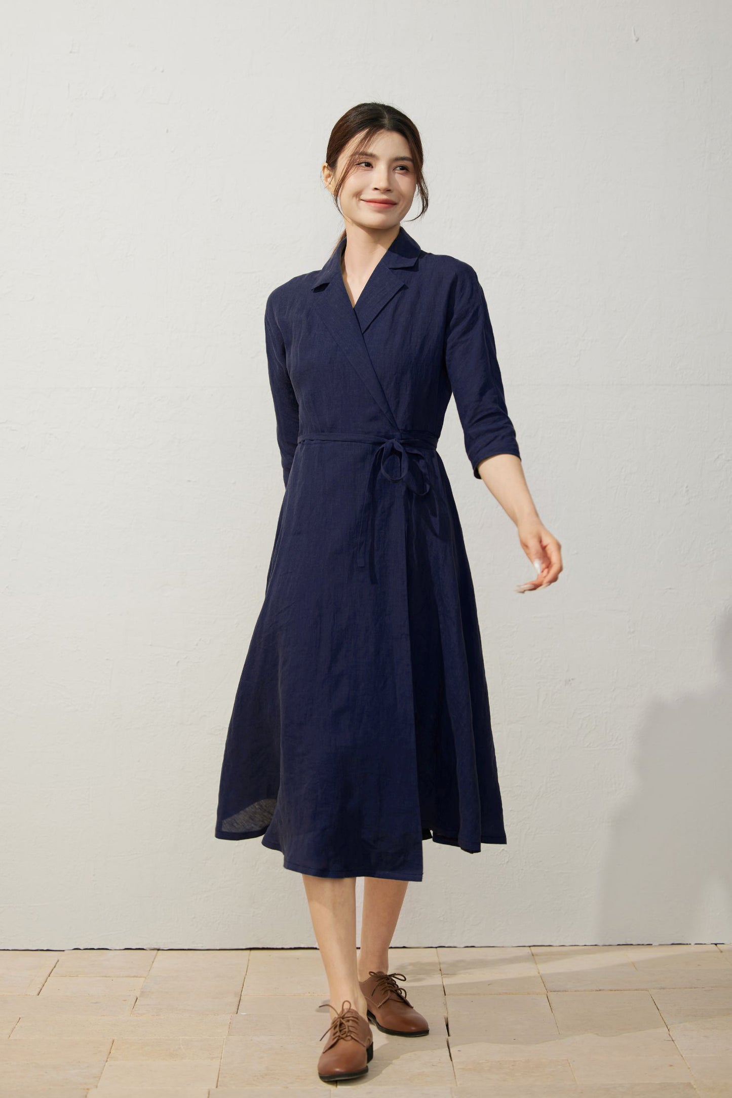 Elegant Navy Blue Linen Wrap Dress C5402