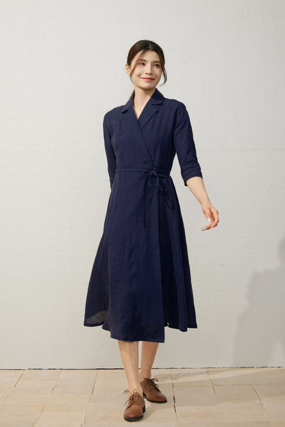Elegant Navy Blue Linen Wrap Dress C5402