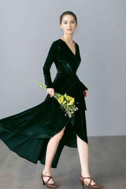 Long Velvet Wrap Dress with Belt C5358