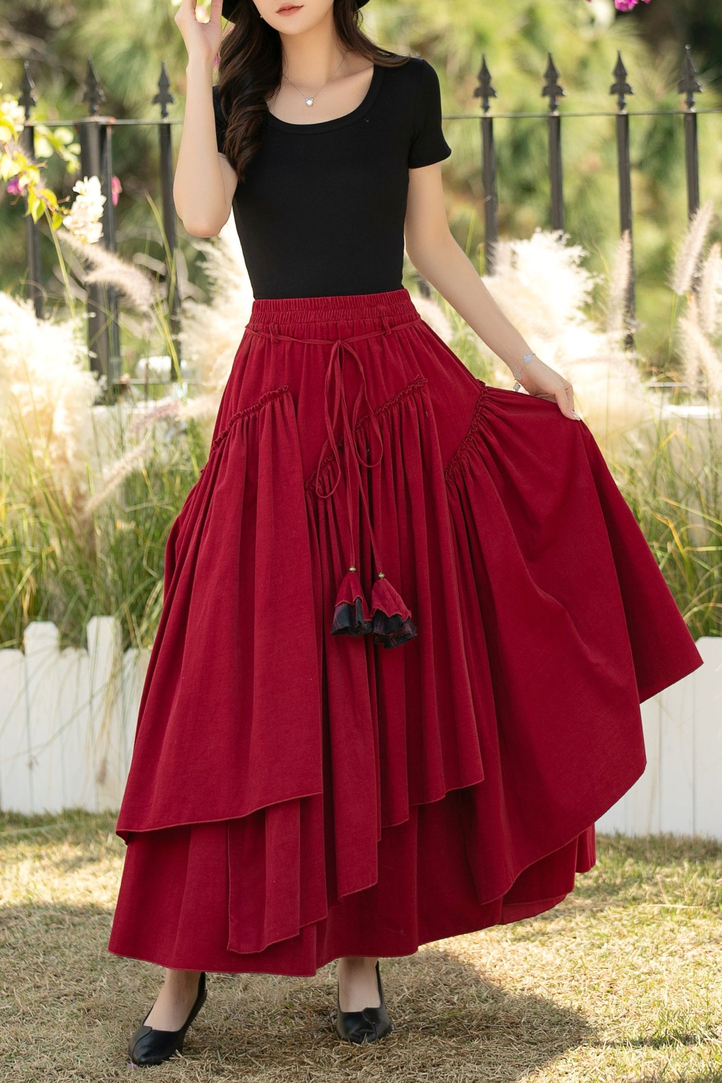 Red Corduroy Maxi Skirt – Elastic Waist Handmade Cotton Boho Skirt, Ylistyle C5441