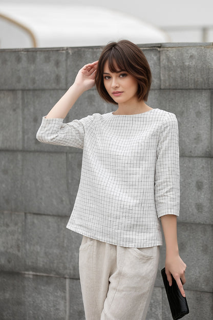 Plaid Linen Blouse: Boat Neck Relaxed Fit Women’s Top, Ylistyle C5410