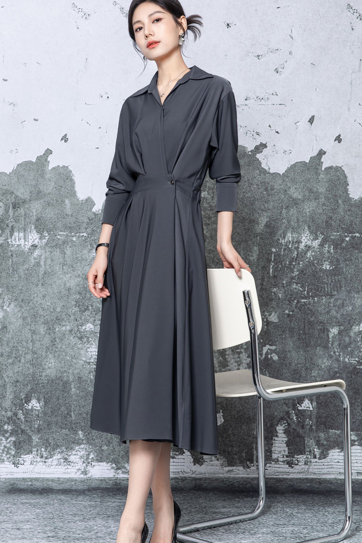 Gray Polyester Shirt Midi Dress - Pleated Flared Skirt c5471