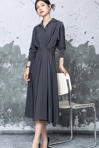 Gray Polyester Shirt Midi Dress - Pleated Flared Skirt c5471