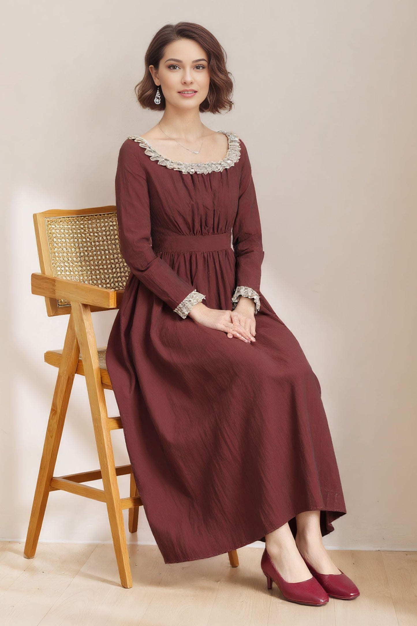 Women's Burgundy Princess linen dress C5331