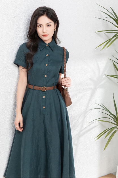 Button Front linen Midi shirt dress C4767