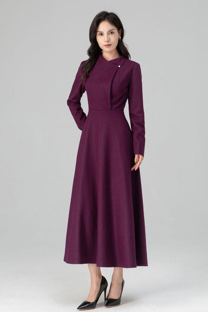 Winter Deep Purple Long Swing Wool Dress Women C5207