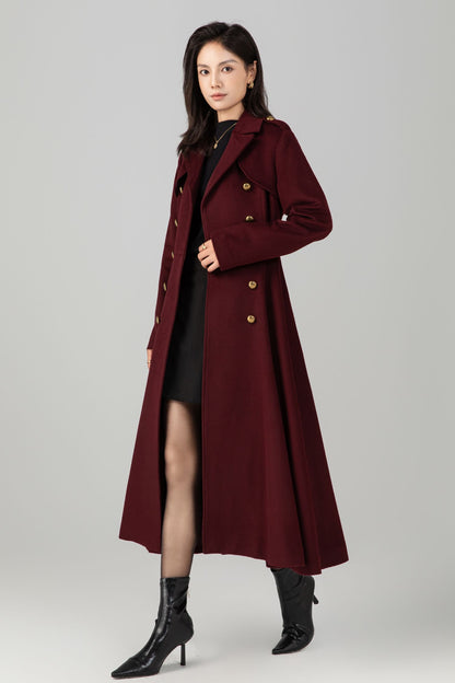 Burgundy winter long warm wool coat C5271