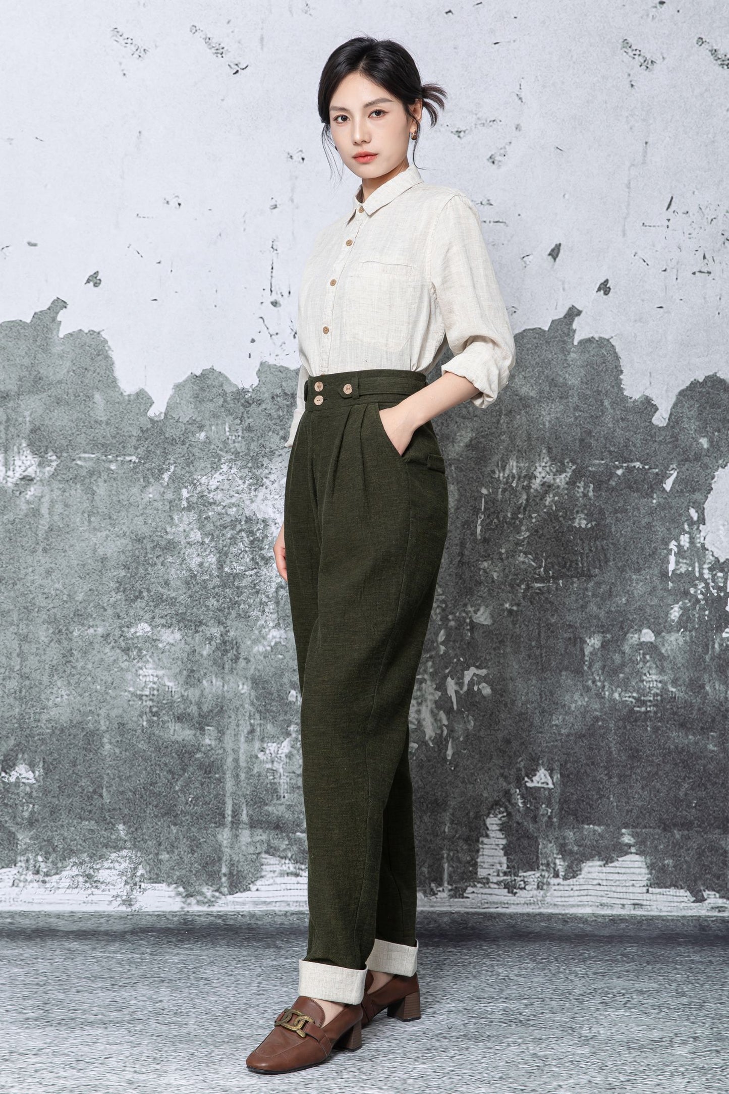 Olive Linen Blend Wide Leg Trousers - High Waist Relaxed Fit c5477