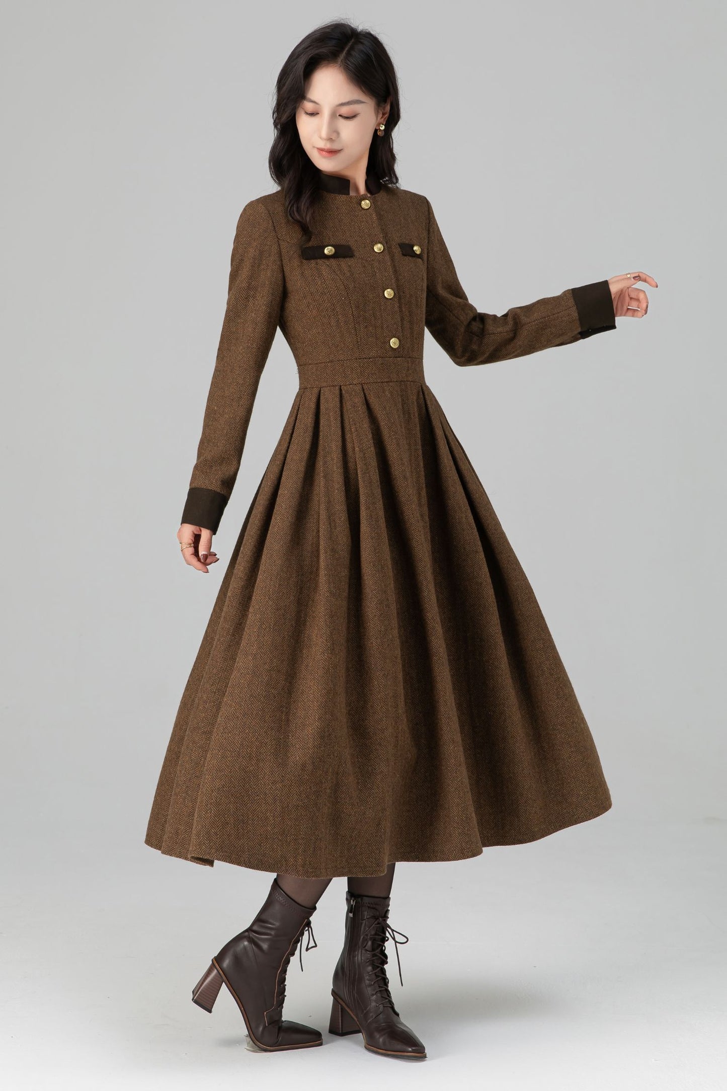 Warm Winter Military Button front Wool Dress Women C5194
