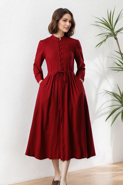 Red Linen Midi Dress: Long Sleeves Button Front Drawstring Waist Dress , Ylistyle C5329