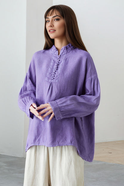Purple Cotton Linen Blouse: Oversized Long Sleeve Boho Shirt with Ruffled Collar, Ylistyle C5323