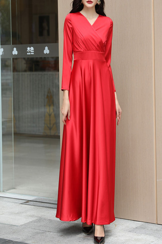 Red long-sleeved V-neck long dress C4178