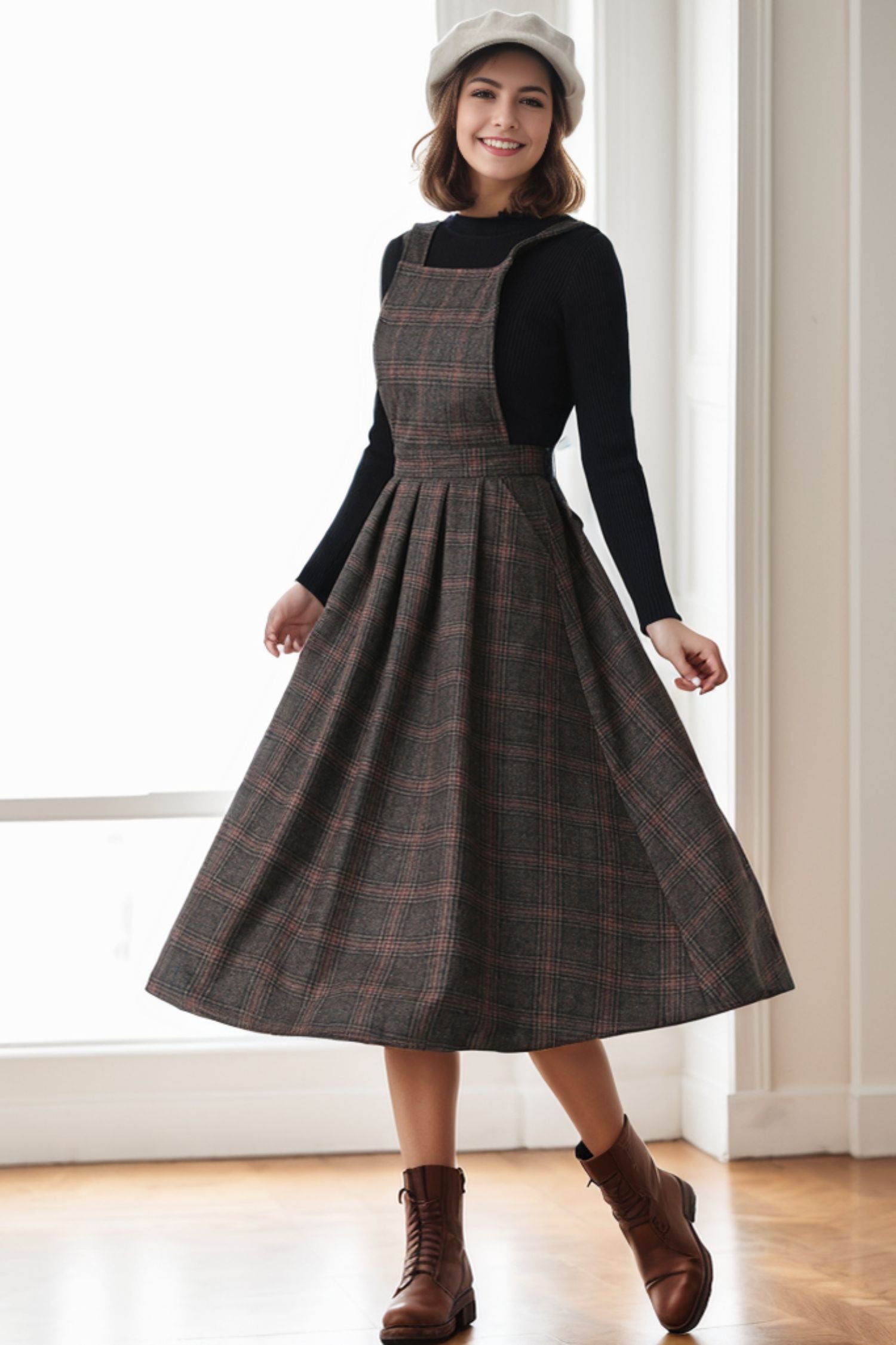 Plaid Wool Pinafore Pleated Winter dress C4271 YLISTYLE Plaid Wool Pinafore Pleated Winter dress C4271 YLISTYLE