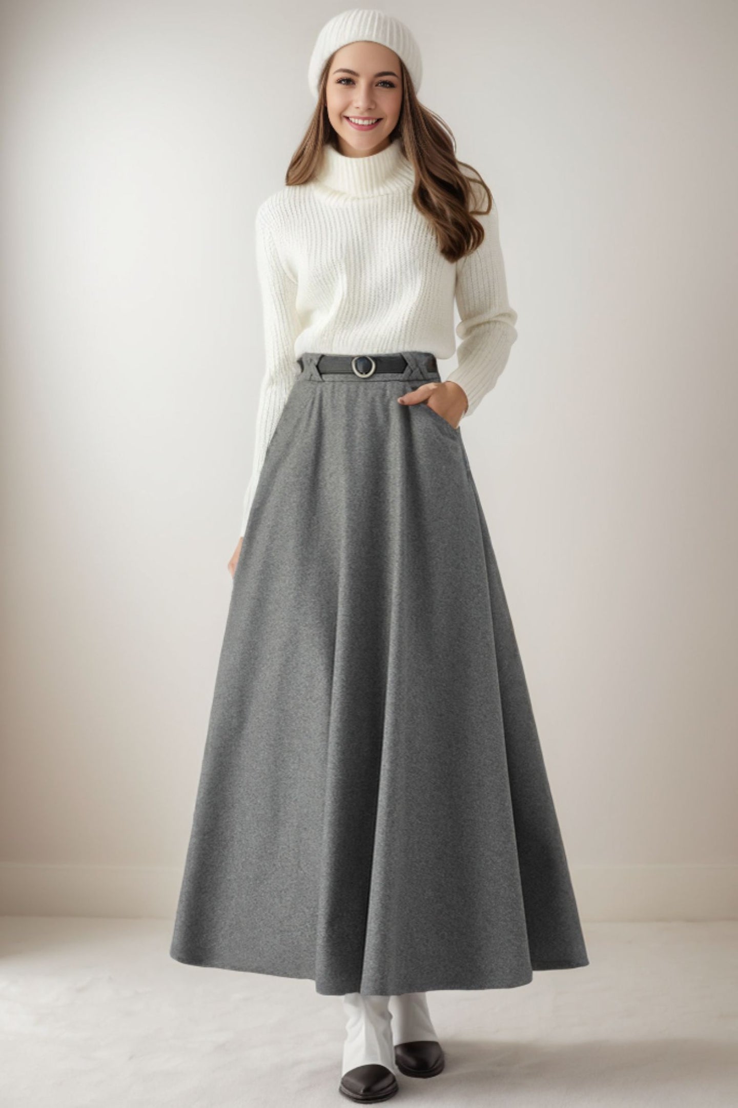 Long Grey Wool Warm Winter Skirt C4264