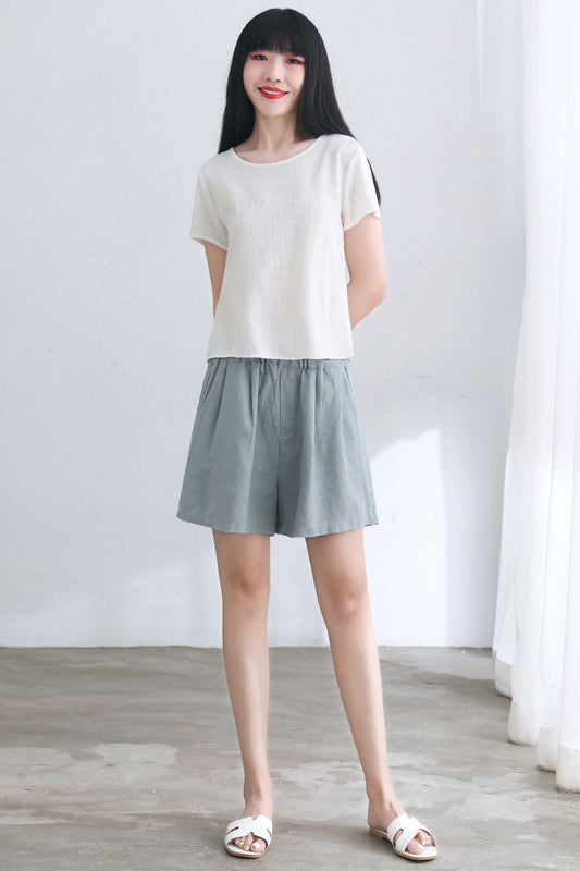 Women Short Sleeve Summer Linen Tops C2661