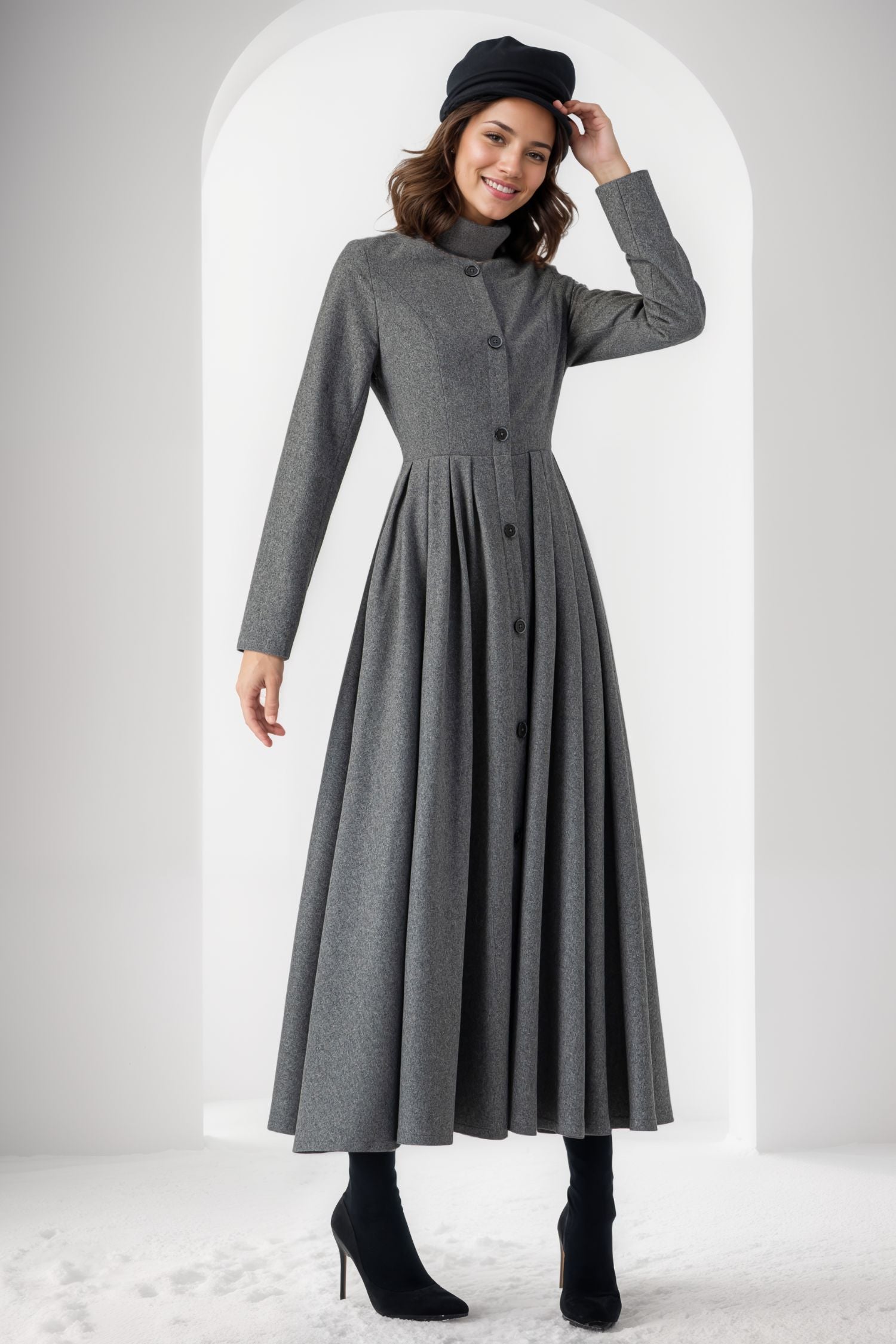 Gray Wool Women Pleated Winter Dresses C4012 YLISTYLE Gray Wool Women Pleated Winter Dresses C4012 YLISTYLE