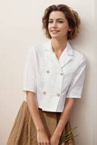 White Double Breasted Linen Shirt C4134