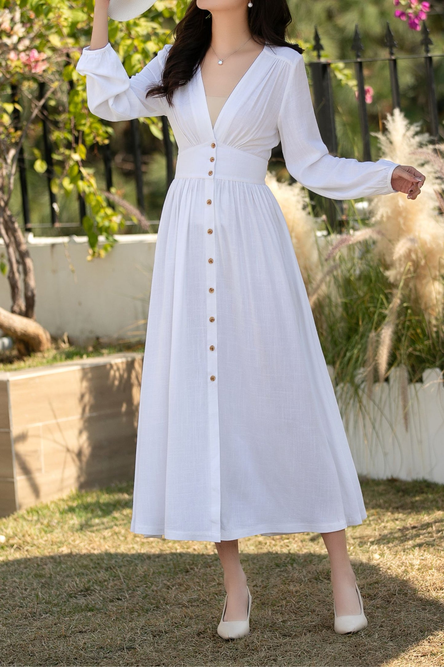 White Linen Cotton Midi Dress: Long Sleeve Button Front A-Line Summer Dress, Ylistyle C5445