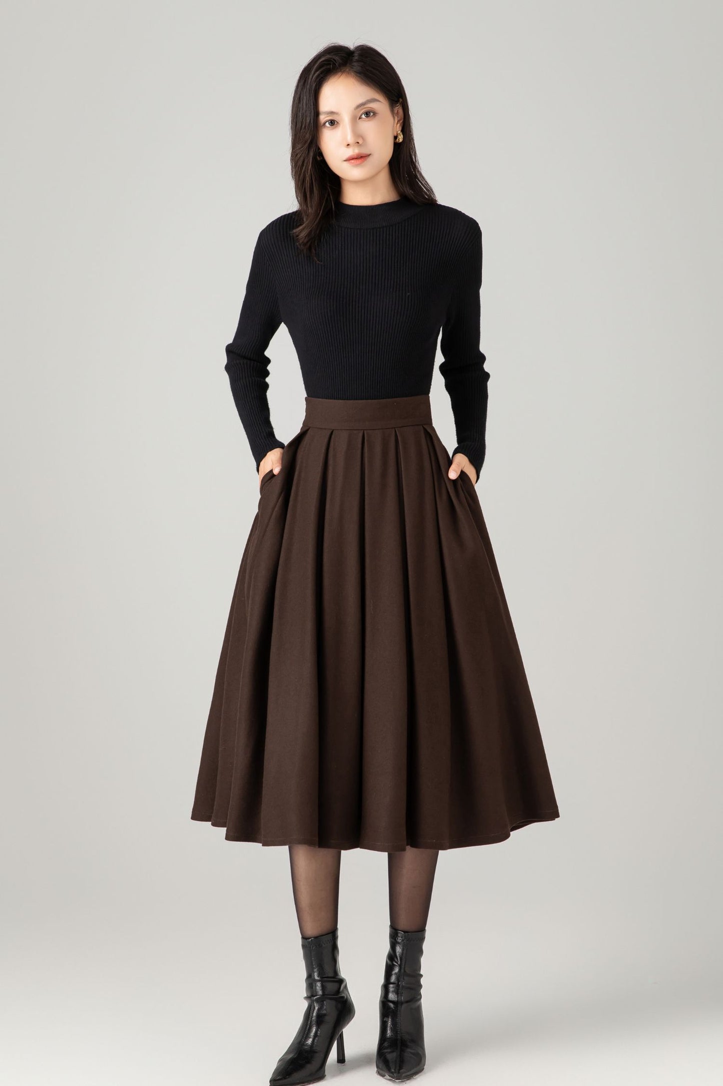 Pleated winter a line wool skirt women C5275