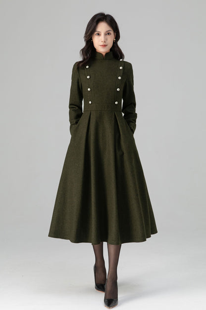 Military-Inspired Long Sleeve Wool Dress C5195