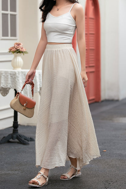 A line beige long linen skirt women C5033
