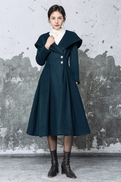 Dark Teal Wool Midi Coat - Large Lapel & Fit-and-Flare Silhouette C5480