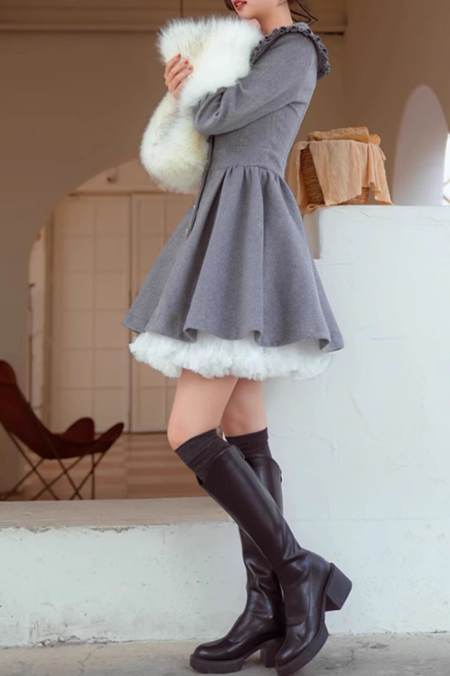 Gray fit and flare winter wool coat C5173