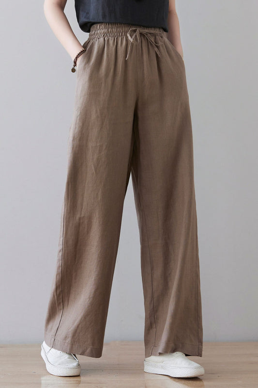 Elastic waist wide leg linen pants for women C2133