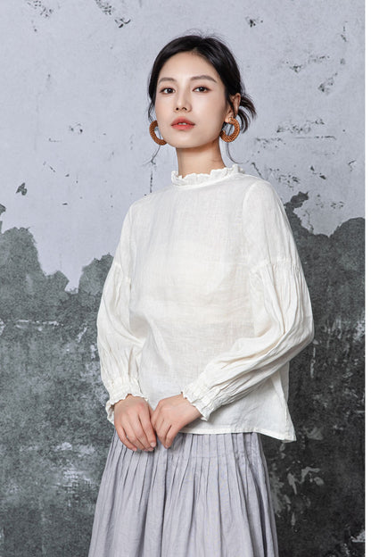 Off-White Linen Blouse - Ruffled Neck and Cuffs with Relaxed Fit c5467