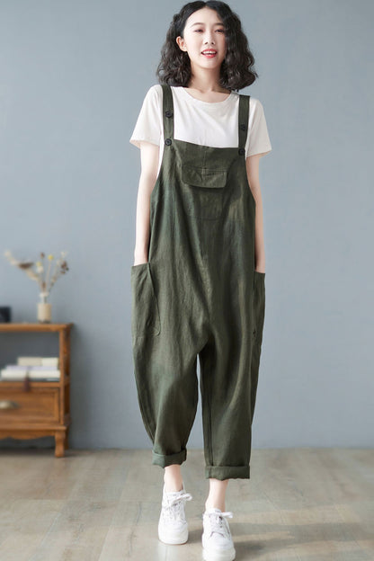 Women Army Green Casual Cropped Linen Overalls C2722