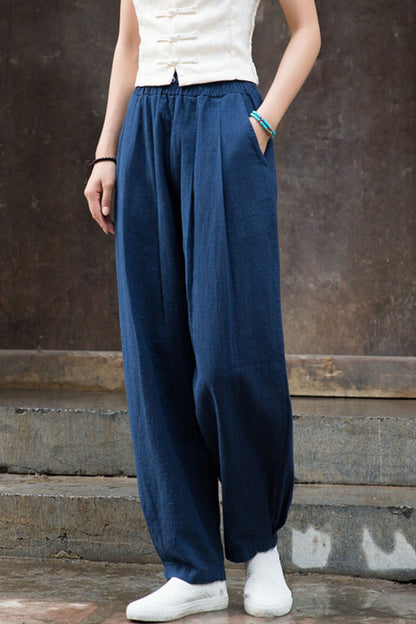 Orange Cotton Linen Lantern Pants - High Waist Wide Leg Comfort L0611