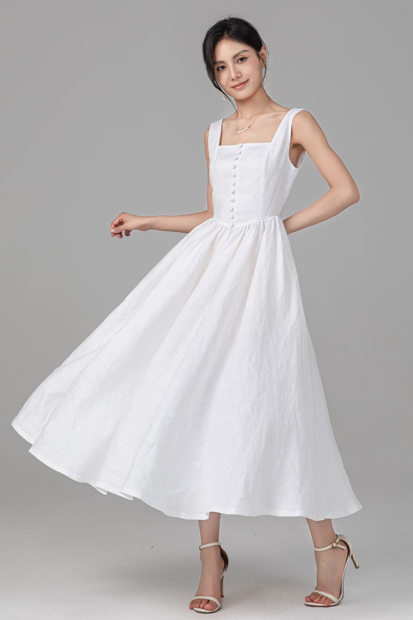 White Linen Maxi Dress - Square Neck Button Front, Pleated Waist C5526