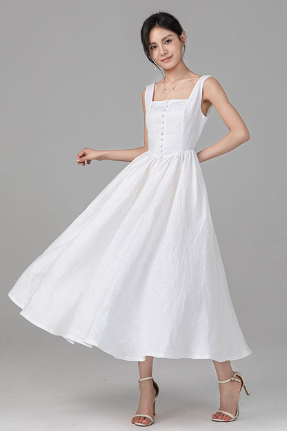 White Linen Maxi Dress - Square Neck Button Front, Pleated Waist C5526